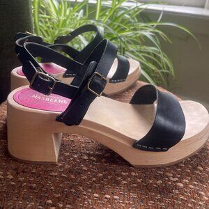 Swedish Hasbeens - Black Leather Clog Sandals